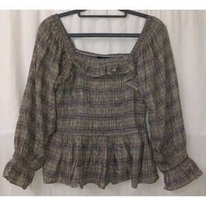 Angie Linen Smocked Ruffled Blouse Plaid Design Women's Size L Boho